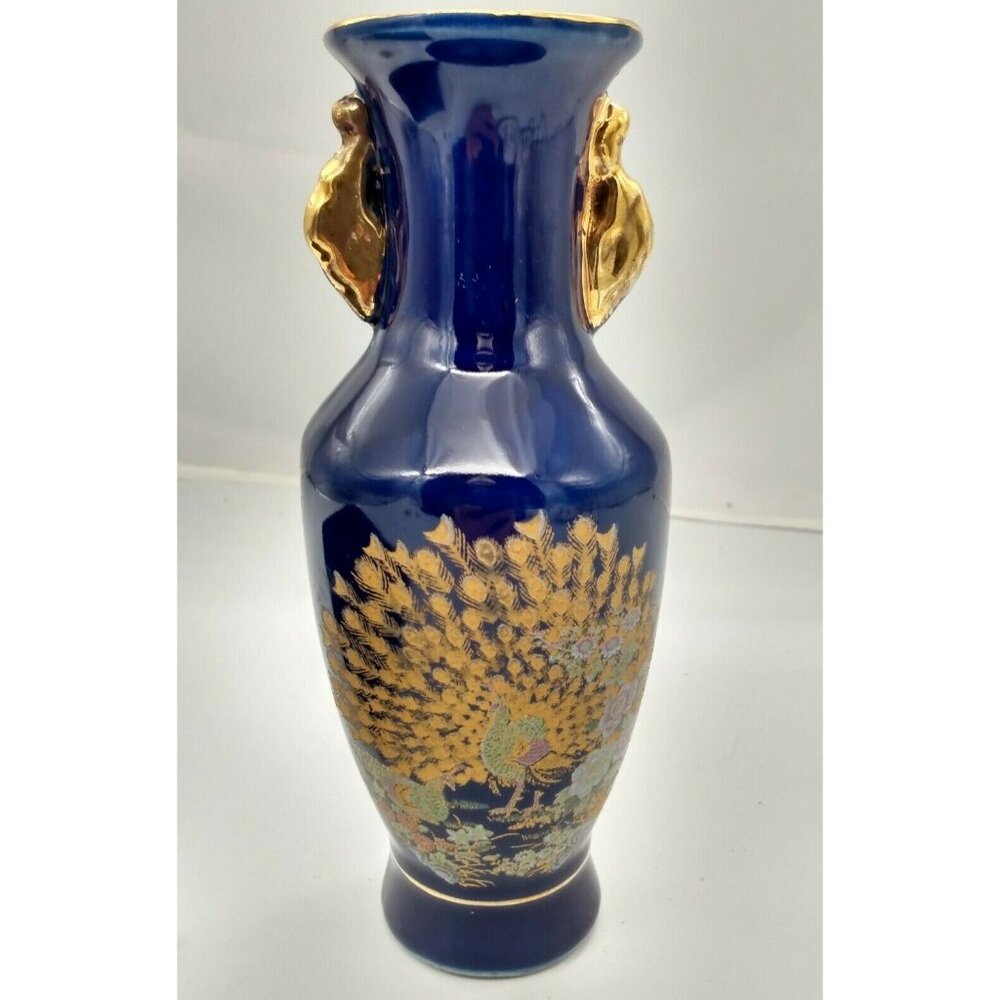Gryphonware Blue Cobalt Gold Gilded Two Handled Vase with Peacock 6.75"